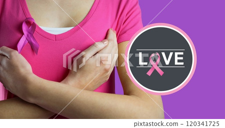 Image of breast cancer awareness text over caucasian woman Image of breast cancer awareness text over caucasian woman 120341725