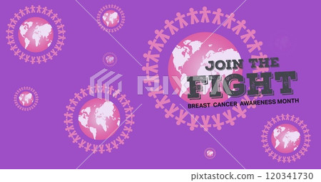 Image of breast cancer awareness text over pink people and globes 120341730