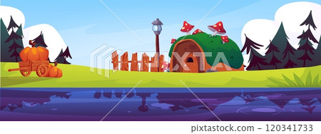 Vector illustration of scene with fairytale fantasy house standing in forest near pond. 120341733