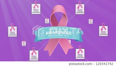 Image of breast cancer awareness text over pink breast cancer ribbons Image of breast cancer awareness text over pink breast cancer ribbons 120341742