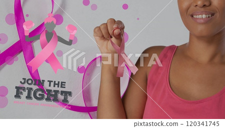 Image of breast cancer awareness text over smiling biracial woman 120341745