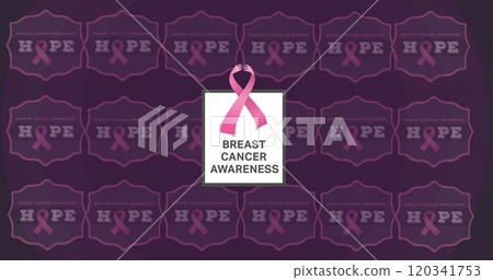 Image of breast cancer awareness text over pink breast cancer ribbons 120341753