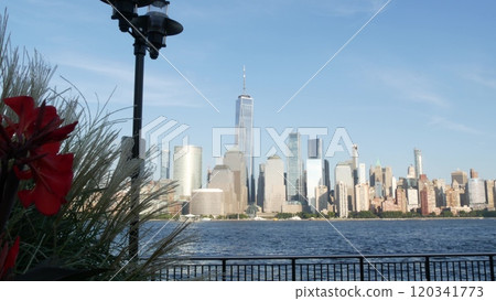 New York City waterfront skyline, Manhattan Downtown Financial district, World Trade Center cityscape 120341773