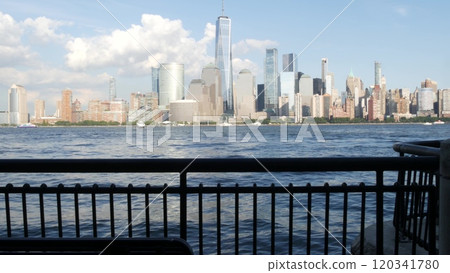 New York City waterfront skyline, Manhattan Downtown Financial district, World Trade Center cityscape 120341780