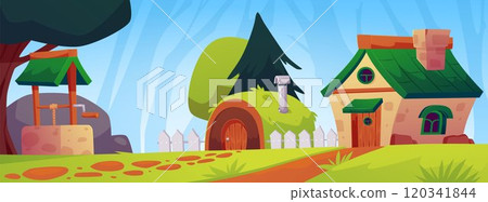Cartoon huts and draw-well in fairy village, vector cute dwarf houses, rural dwellings in forest, game farm background 120341844