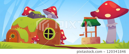 Cartoon game hut with fly agaric mushrooms and draw-well in fairy village, vector dwarf house rounded roof covered grass 120341846