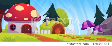 Vector illustration of a fairy-tale mushroom-shaped house against a forest landscape. Vector illustration of a fairy-tale mushroom-shaped house against a forest landscape. 120341851