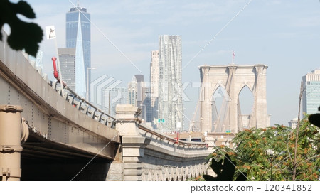 Brooklyn Bridge to Manhattan downtown. New York City skyline cityscape. World Trade Center, USA. Brooklyn Bridge to Manhattan downtown. New York City skyline cityscape. World Trade Center, USA. 120341852