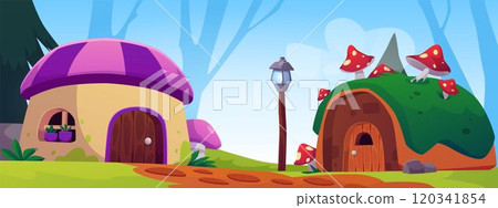 Cartoon game huts in fairy village, vector dwarf houses with purple roof and covered with grass and fly agaric mushrooms Cartoon game huts in fairy village, vector dwarf houses with purple roof and covered with grass and fly agaric mushrooms 120341854