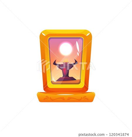 Mirror with gold frame, vector game antique magic power glass with stone tribal totem with horns and flame reflection Mirror with gold frame, vector game antique magic power glass with stone tribal totem with horns and flame reflection 120341874