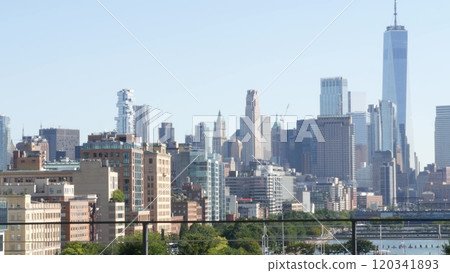 New York City waterfront skyline, Manhattan Downtown Financial district, World Trade Center cityscape 120341893