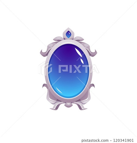 Mirror with floral silver ornate frame with gem, vector antique fortunetelling magic blue glass, fairytale game props Mirror with floral silver ornate frame with gem, vector antique fortunetelling magic blue glass, fairytale game props 120341901