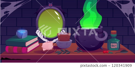 Antique magic mirror with black frame decorated bones and bat, vector witchcraft accessory cauldron, potion, spell books Antique magic mirror with black frame decorated bones and bat, vector witchcraft accessory cauldron, potion, spell books 120341909
