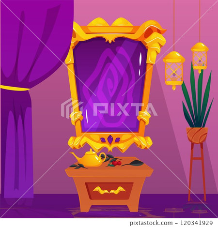 Antique magic mirror with golden ornate frame, fortunetelling purple glass, medieval fairytale vector game background Antique magic mirror with golden ornate frame, fortunetelling purple glass, medieval fairytale vector game background 120341929