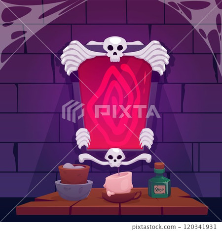 Antique magic mirror with black frame decorated bones and skull, red spiral reflection, vector horror game background Antique magic mirror with black frame decorated bones and skull, red spiral reflection, vector horror game background 120341931
