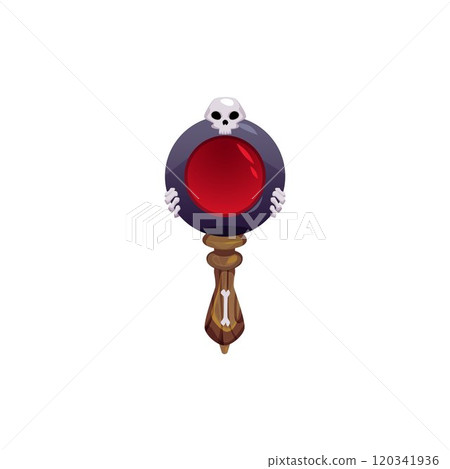 Illustration of a magic mirror in a metal round frame, a skull, a wooden handle and red glass. Illustration of a magic mirror in a metal round frame, a skull, a wooden handle and red glass. 120341936