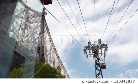 New York City Roosevelt Island tramway to Manhattan Midtown. Cable tram near Queensboro Bridge, USA. 120341937