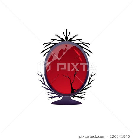 Mirror with decorated black frame, vector antique magic fortunetelling red oval glass on stand, witch wizard accessory Mirror with decorated black frame, vector antique magic fortunetelling red oval glass on stand, witch wizard accessory 120341940