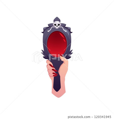 Hand mirror holding in hand, black frame decorated bones and skull, vector antique magic red glass, fairytale game props Hand mirror holding in hand, black frame decorated bones and skull, vector antique magic red glass, fairytale game props 120341945