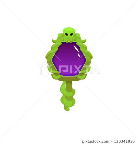 Mirror with jellyfish, entwined snake frame handle, vector antique fortunetelling magic glass, game witchcraft accessory Mirror with jellyfish, entwined snake frame handle, vector antique fortunetelling magic glass, game witchcraft accessory 120341956