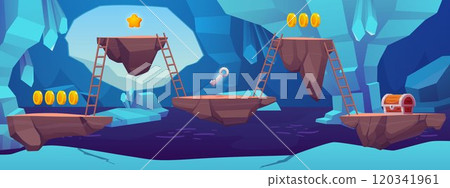 Fantasy ice cave with water game vector landscape, rocks platforms with ladder and award achievements, game background 120341961