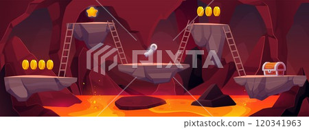 Fantasy cave landscape with blazing magma and rocks platforms with award achievements, vector cartoon game hell tunnel 120341963