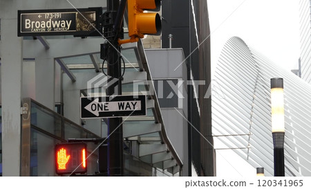 Broadway street road sign, Manhattan architecture, New York City. Traffic signage of street name. 120341965