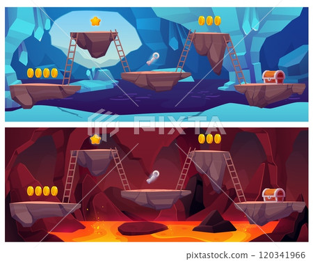 Fantasy cave game landscape vector set, blazing magma and rocks platforms with ladder and award achievements, ice cave 120341966
