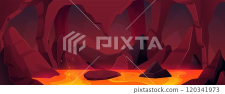 Fantasy cave landscape with blazing magma, cave with rocks, hot lava and burning liquid, vector infernal game background 120341973