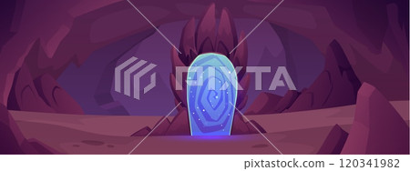Vector illustration of a dark cave with a glowing portal passage. Vector illustration of a dark cave with a glowing portal passage. 120341982