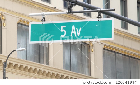 Fifth avenue, 5 ave road sign, Manhattan midtown architecture, New York City 5th av street corner. 120341984