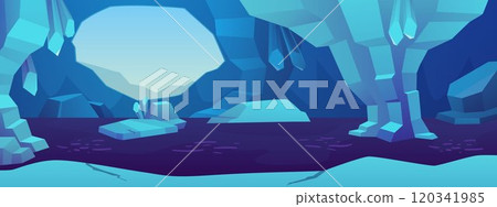 Vector illustration of an ice cave with a lake, boulders, a round passage and crystals. Vector illustration of an ice cave with a lake, boulders, a round passage and crystals. 120341985
