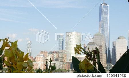 New York City waterfront skyline, Manhattan Downtown Financial district, World Trade Center cityscape 120341988