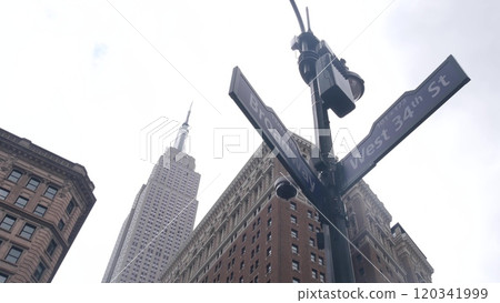 New York City crossroad, street intersection road sign. Empire State building, Midtown Broadway, 34. 120341999
