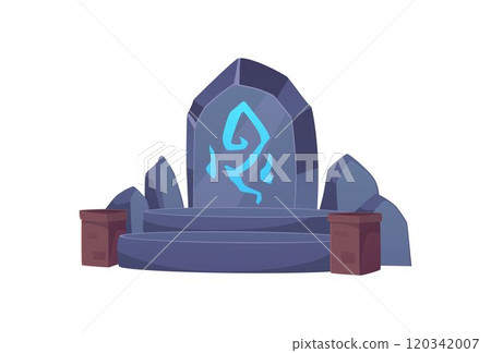 Ancient stone altar, plate with glowing hieroglyph sign, vector cartoon game level platform props, tribal totem, slab 120342007