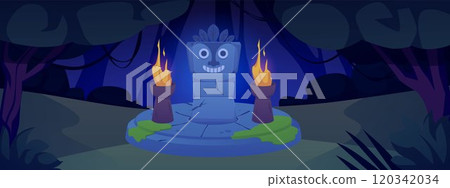 Illustration of an ancient altar with a totem pole and lit torches against a night forest. Illustration of an ancient altar with a totem pole and lit torches against a night forest. 120342034
