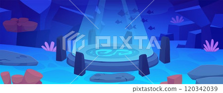 Ancient stone game altar on marine bottom, vector tribal round totem with hieroglyph, pedestal slab with spotlight 120342039