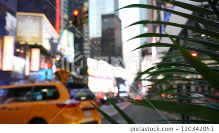 New York City Times Square, Manhattan Midtown Broadway street, USA. Yellow taxi, urban road traffic. 120342051