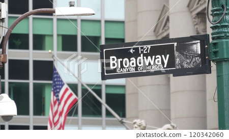 Broadway street road sign, Manhattan architecture, New York City. Traffic signage of street name. Broadway street road sign, Manhattan architecture, New York City. Traffic signage of street name. 120342060