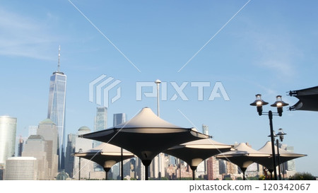 New York City waterfront skyline, Manhattan Downtown Financial district, World Trade Center cityscape 120342067