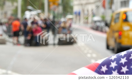 New York City Wall street Charging Bull. Manhattan Downtown Financial District, USA Flag on Broadway New York City Wall street Charging Bull. Manhattan Downtown Financial District, USA Flag on Broadway 120342110