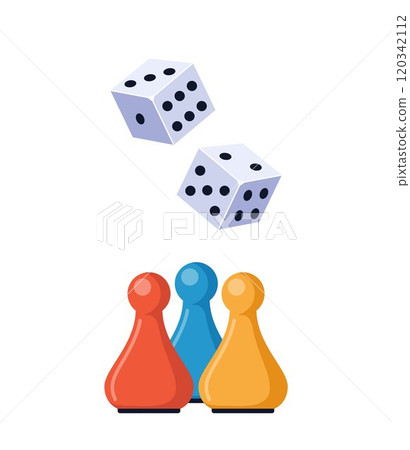 Red, yellow, blue play figure pieces with a white dices for board games. Leisure, meetings friendly or weekend game collection. Vector illustration. Red, yellow, blue play figure pieces with a white dices for board games. Leisure, meetings friendly or weekend game collection. Vector illustration. 120342112