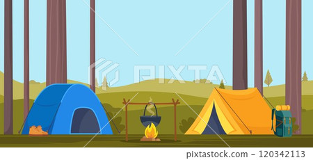 Camping. Camp tents, forest, campfire. Banner, poster for climbing, hiking sport, adventure tourism, travel, backpacking. Vector illustration. Camping. Camp tents, forest, campfire. Banner, poster for climbing, hiking sport, adventure tourism, travel, backpacking. Vector illustration. 120342113