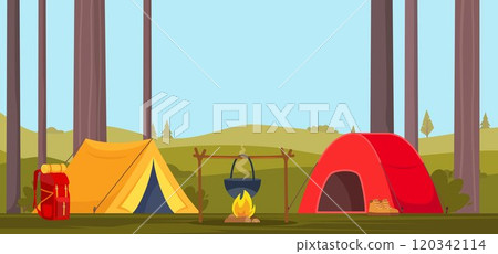 Camping. Camp tents, forest, campfire. Banner, poster for climbing, hiking sport, adventure tourism, travel, backpacking. Vector illustration. 120342114
