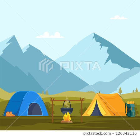 Camping. Camp tents, mountains, campfire. Banner, poster for climbing, hiking sport, adventure tourism, travel, backpacking. Vector illustration. 120342116