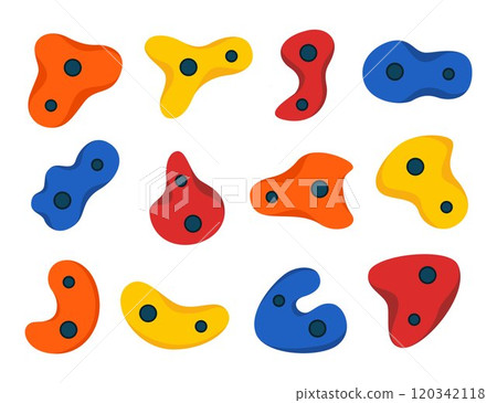 Climbing grips set. Climbing wall, climbing, bouldering, bouldering wall, boulder grips, climb, holders for climbers. Vector illustration. Climbing grips set. Climbing wall, climbing, bouldering, bouldering wall, boulder grips, climb, holders for climbers. Vector illustration. 120342118