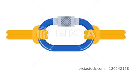 Climbers carbine. Carabiner clip spring hook safety supply for climbing. Sport lock protection alpinist rope rock, mountaineering hiking steel tool, security metal chain. Vector illustration. Climbers carbine. Carabiner clip spring hook safety supply for climbing. Sport lock protection alpinist rope rock, mountaineering hiking steel tool, security metal chain. Vector illustration. 120342128
