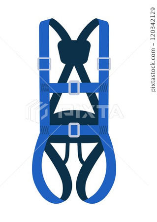 Full body harness. Rope climbing harnesses, work gear, sport risk. Safety gear of protective equipment for work at height to avoid fall. Fall protection. Vector illustration. 120342129