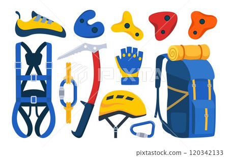 Climbing gear equipment. Mountaineering tool climber stuff elements for mountain rock climb safety rope knot harness carbines helmet ice ax extreme sport. Vector illustration. 120342133