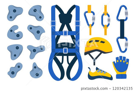 Climbing gear equipment. Mountaineering tool climber stuff elements for mountain rock climb safety rope knot harness carbines helmet ice ax extreme sport. Vector illustration. 120342135
